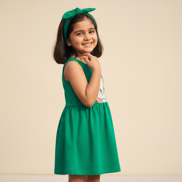 GREEN WITH HAIR BAND KITTEN PRINT FROCK FOR GIRLS
